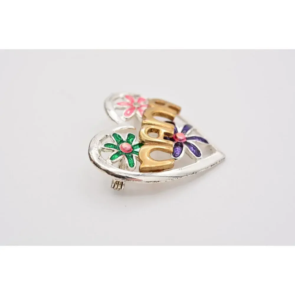 TC Vintage NANA Pin Brooch Floral Heart Grandma Grandmother Enamel Signed BinBA